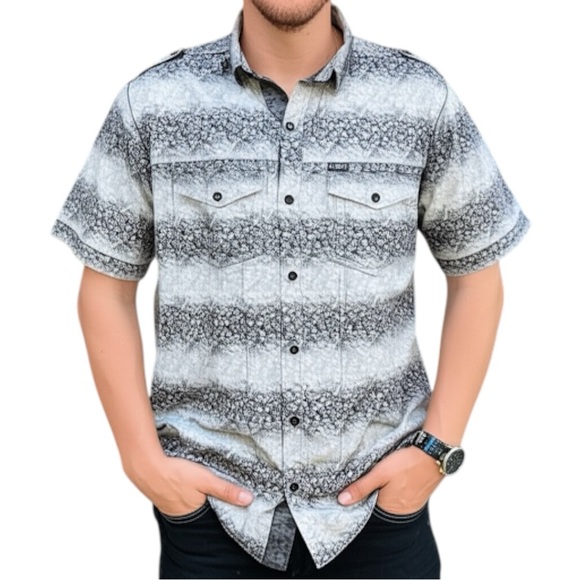 Point Zero Other - Point Zero Men's Black & Grey Ombré Floral Patterned Button Shirt Size Xlarge